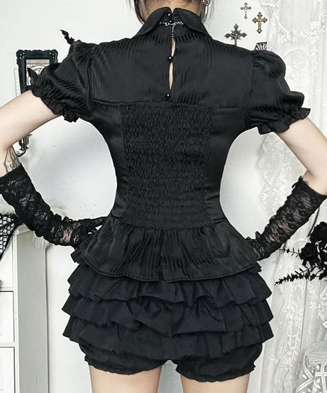 Vampire Bat Chic Gothic Corset Top - Puff Sleeve Lace-Up Blouse for Halloween & Fall