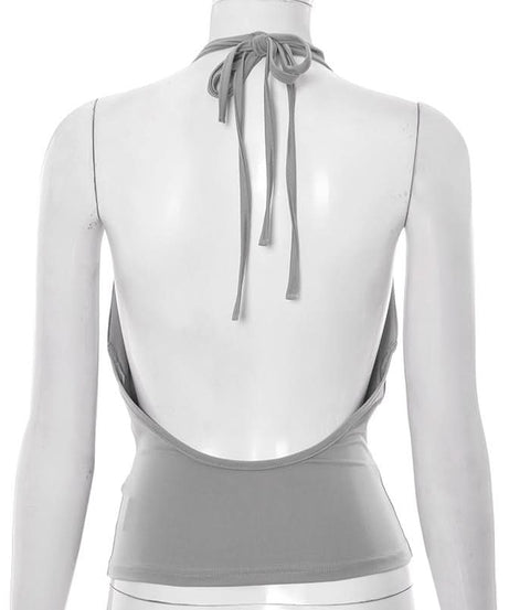 Daring Grey Cowl Neck Halter Top | Deep V & Shimmer Buttons for Fall Nights