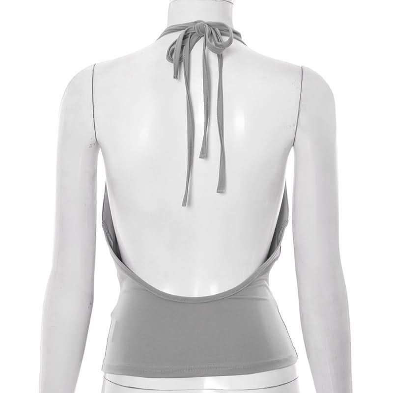 Daring Grey Cowl Neck Halter Top | Deep V & Shimmer Buttons for Fall Nights