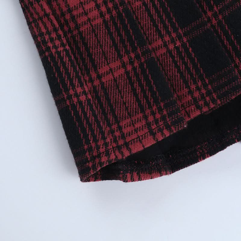 Spooky Season Style: Edgy Red Plaid Pleated Mini Skirt with Faux Leather & Eyelet Waist | Perfect for Halloween & Gothcore Looks