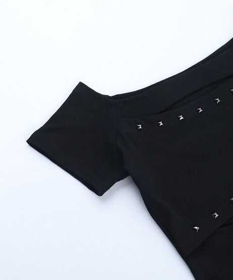 Black Studded Siren Off-Shoulder Cut-Out Top - Edgy Fall & Halloween Glam