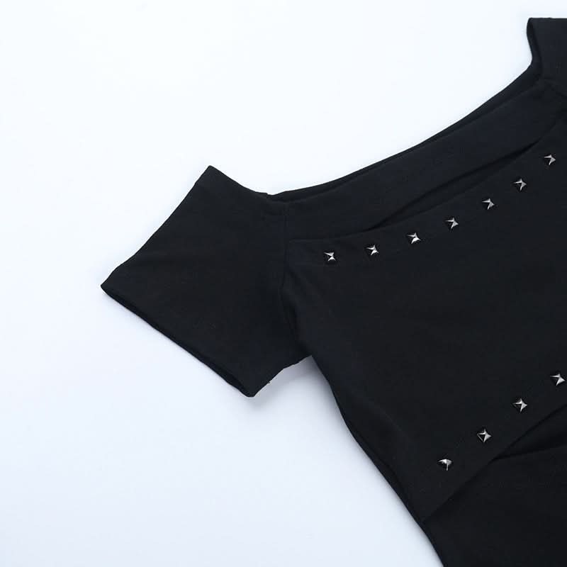 Black Studded Siren Off-Shoulder Cut-Out Top - Edgy Fall & Halloween Glam