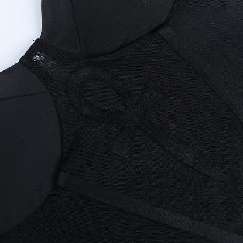 Gothic Ankh Mesh Corset Bustier Top - Edgy Black Crop for Halloween & Fall