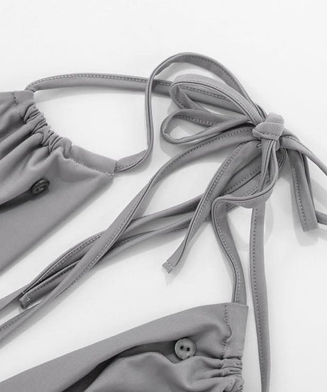 Daring Grey Cowl Neck Halter Top | Deep V & Shimmer Buttons for Fall Nights