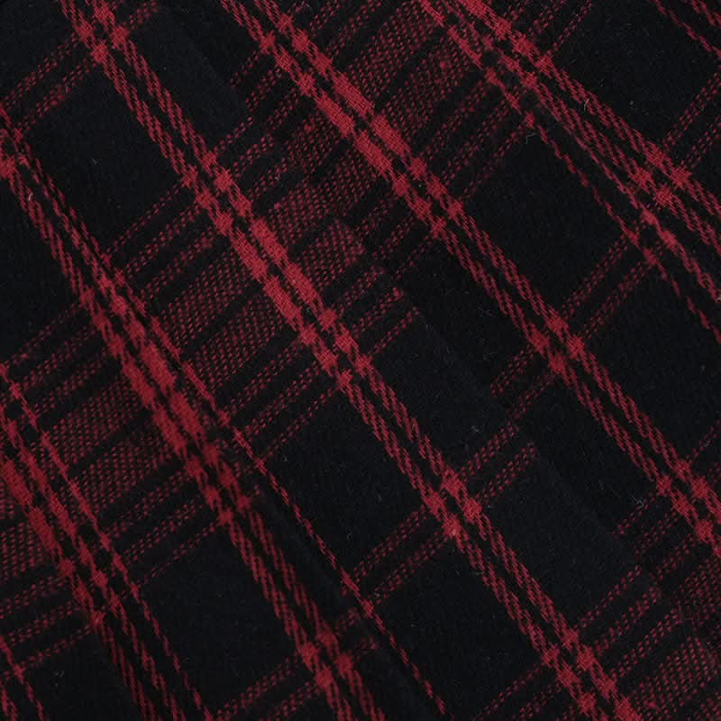 Spooky Season Style: Edgy Red Plaid Pleated Mini Skirt with Faux Leather & Eyelet Waist | Perfect for Halloween & Gothcore Looks