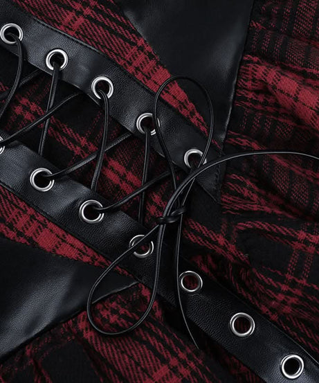 Gothic Grunge Plaid Corset Mini Dress - Edgy Lace-Up Faux Leather for Fall & Halloween