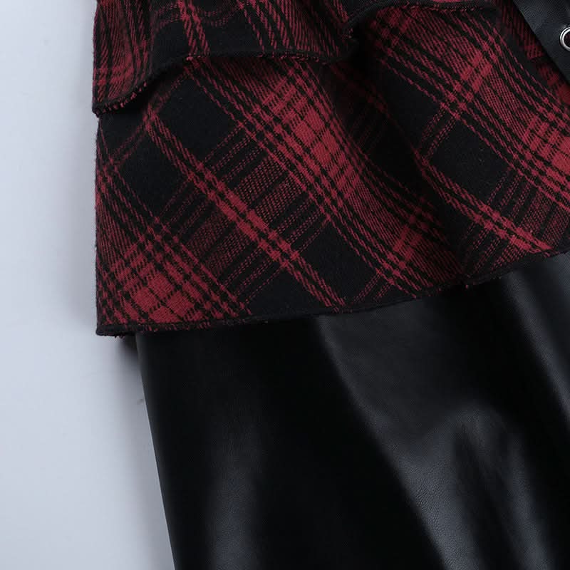 Gothic Grunge Plaid Corset Mini Dress - Edgy Lace-Up Faux Leather for Fall & Halloween