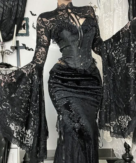 Gothic Romance Black Lace Flared Sleeve Shrug | Victorian Witchy Bolero for Fall & Halloween