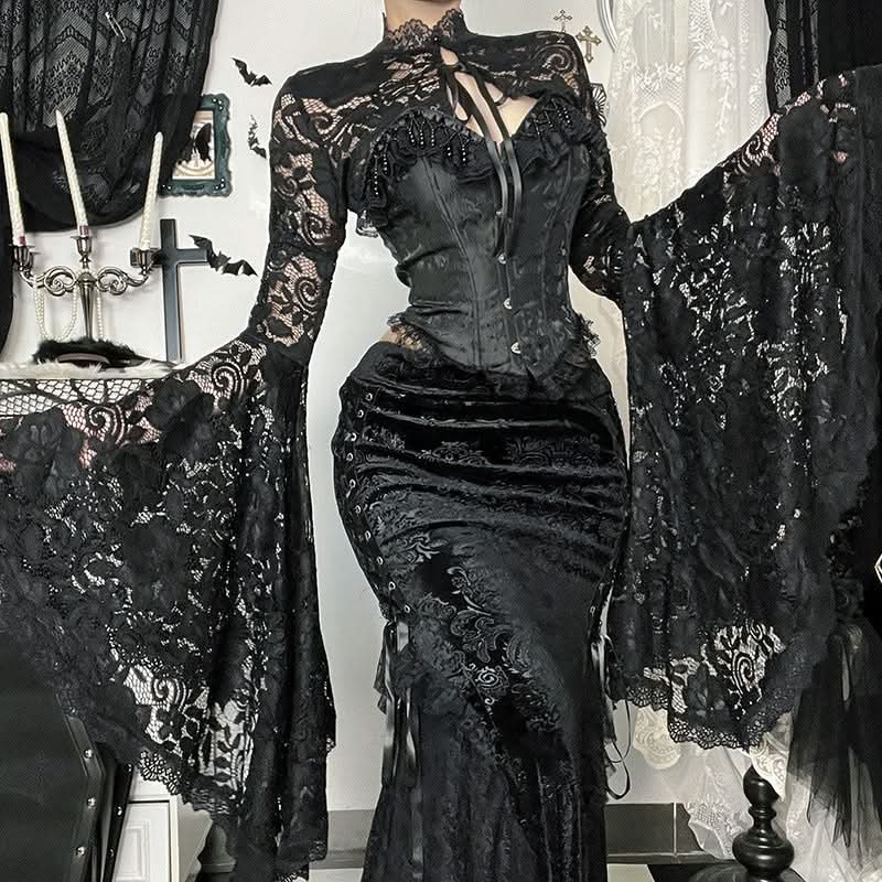 Gothic Romance Black Lace Flared Sleeve Shrug | Victorian Witchy Bolero for Fall & Halloween