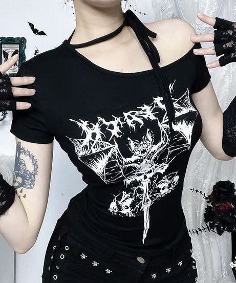 Spooky Chic Bat Graphic Asymmetrical Black Top - Halloween & Fall Goth Style