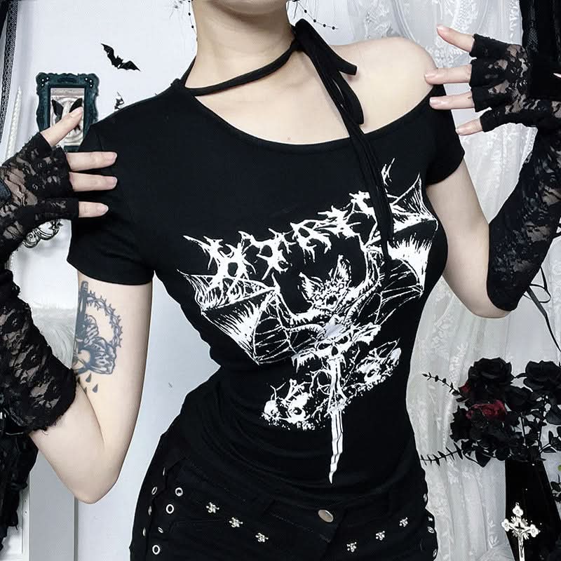Spooky Chic Bat Graphic Asymmetrical Black Top - Halloween & Fall Goth Style