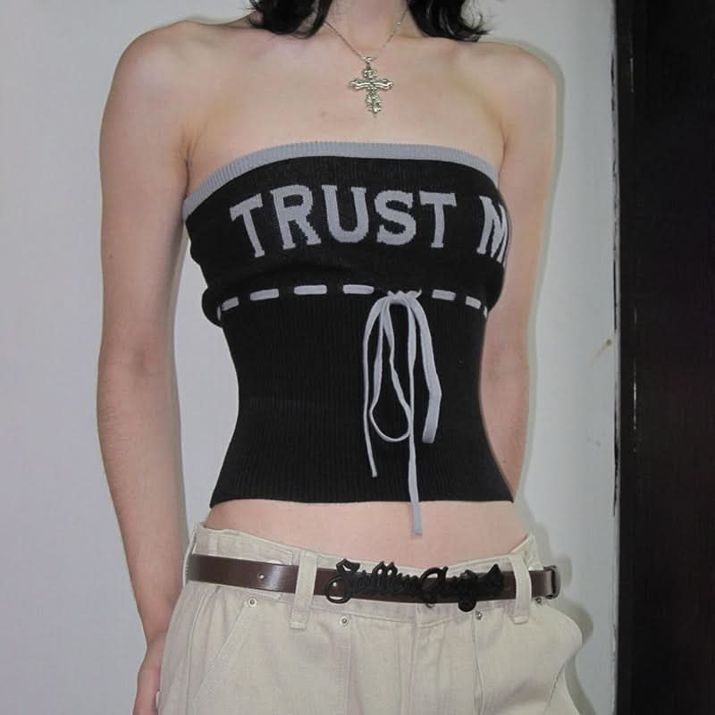 Statement "TRUST ME" Ribbed Tube Top - Y2K Knit Strapless Crop for Fall Fashion