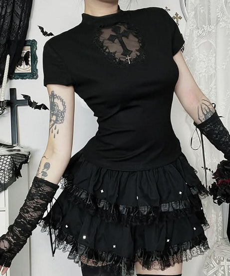 Gothic Ruffled Lace Tiered Mini Skirt - Spooky Chic for Halloween & Fall Alt Fashion