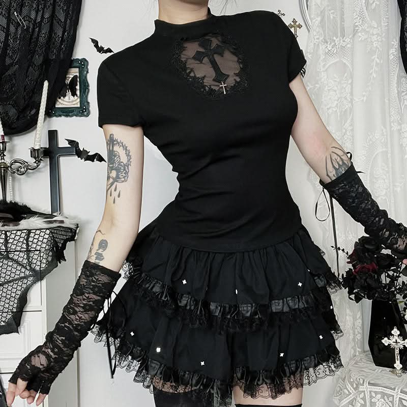 Gothic Ruffled Lace Tiered Mini Skirt - Spooky Chic for Halloween & Fall Alt Fashion