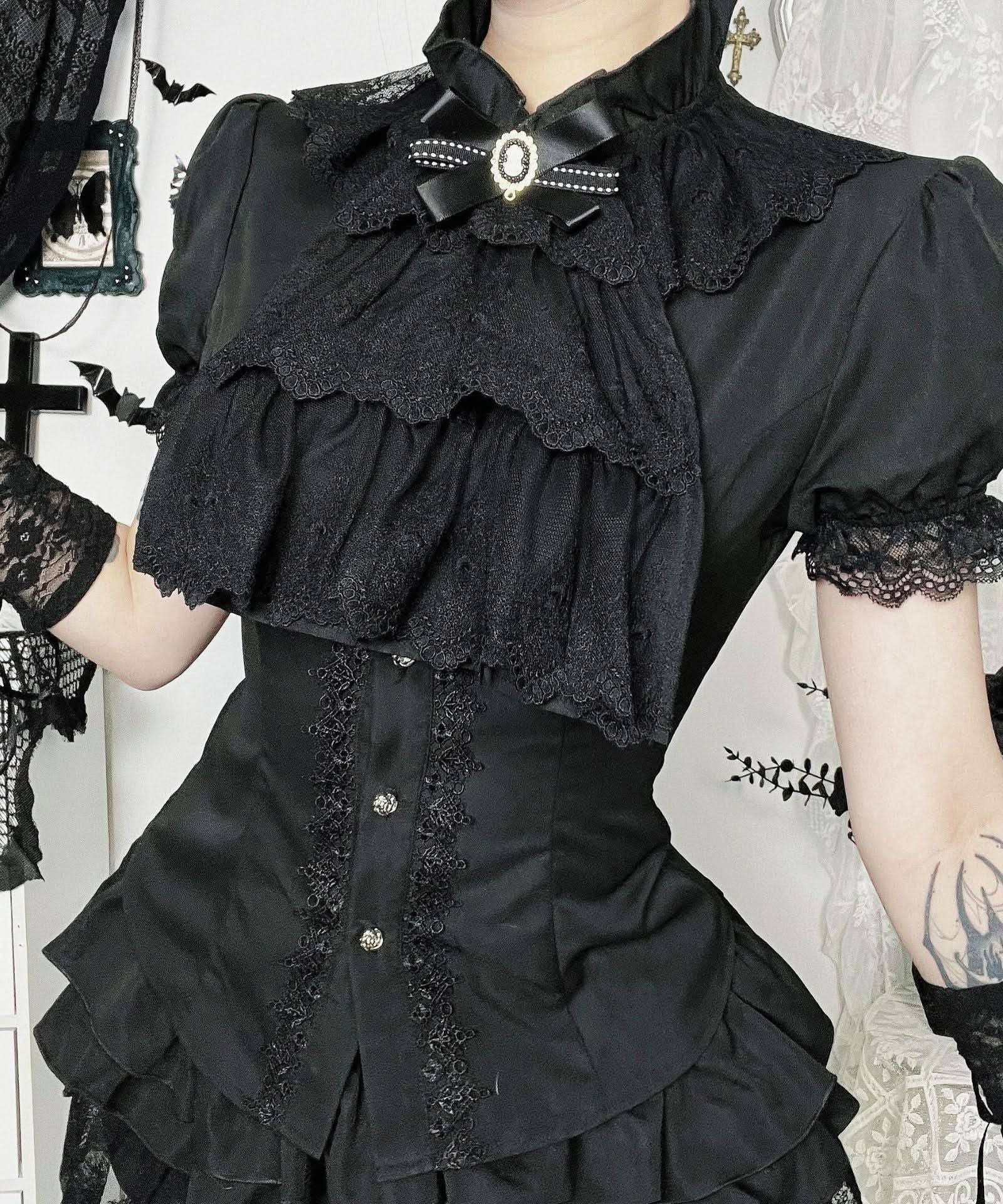 Bewitching Black Gothic Lace Ruffle Blouse | Victorian Cameo Top for Halloween & Fall