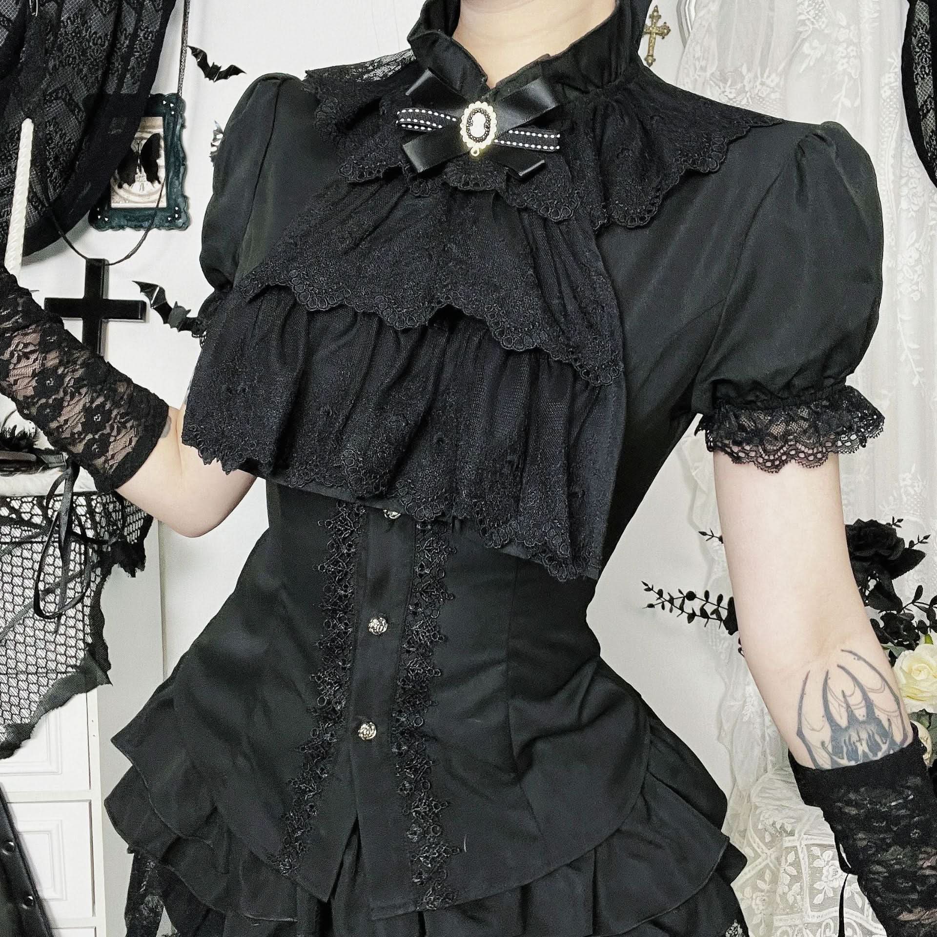Bewitching Black Gothic Lace Ruffle Blouse | Victorian Cameo Top for Halloween & Fall
