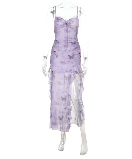 Whimsical Lavender Butterfly Maxi Dress - Ruffle Slit & Lace Trim