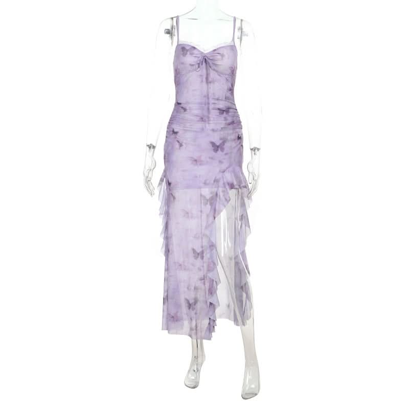 Whimsical Lavender Butterfly Maxi Dress - Ruffle Slit & Lace Trim