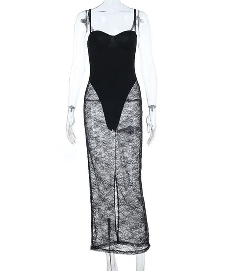 Dare to Dazzle: Black Lace Sheer Maxi Dress - Cami Style for Fall & Holiday Glamour
