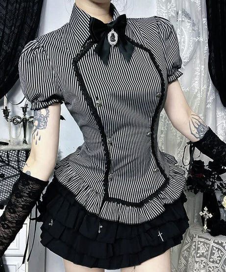 Haunted Elegance: Victorian Gothic Striped Peplum Blouse with Black Cat Cameo – Fall & Halloween Ready!
