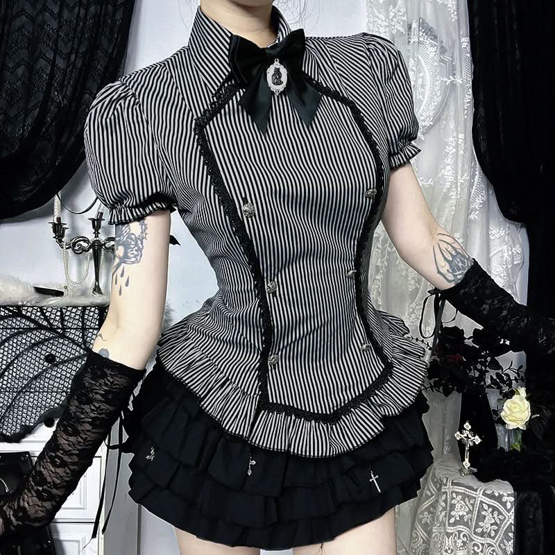 Haunted Elegance: Victorian Gothic Striped Peplum Blouse with Black Cat Cameo – Fall & Halloween Ready!