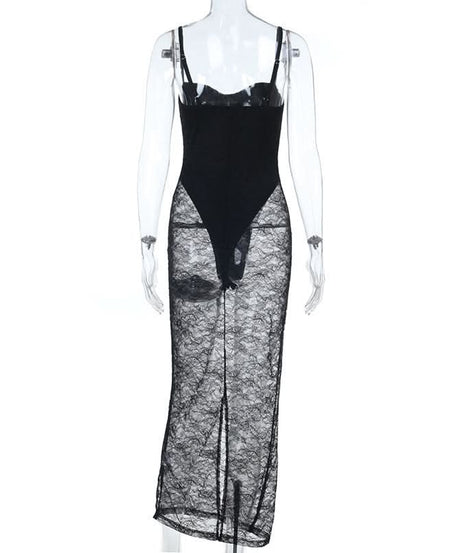 Dare to Dazzle: Black Lace Sheer Maxi Dress - Cami Style for Fall & Holiday Glamour