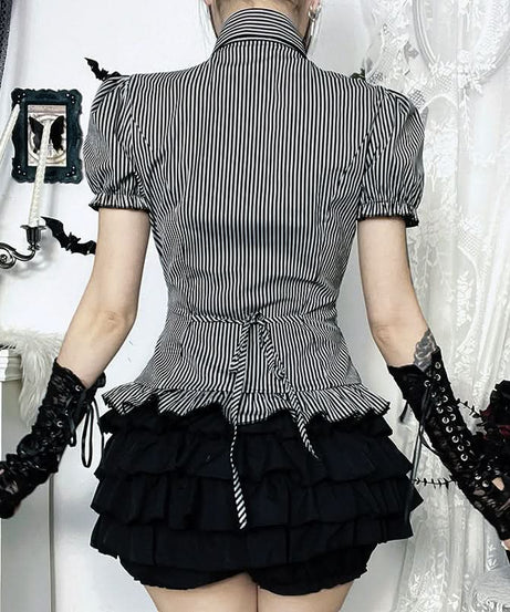 Haunted Elegance: Victorian Gothic Striped Peplum Blouse with Black Cat Cameo – Fall & Halloween Ready!