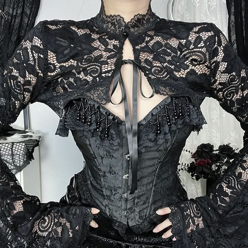 Gothic Romance Black Lace Flared Sleeve Shrug | Victorian Witchy Bolero for Fall & Halloween