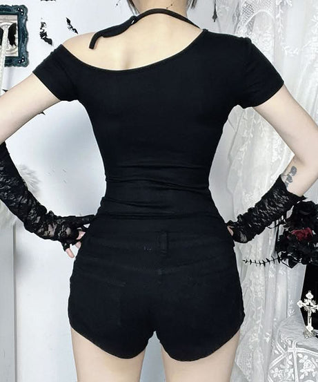 Spooky Chic Bat Graphic Asymmetrical Black Top - Halloween & Fall Goth Style