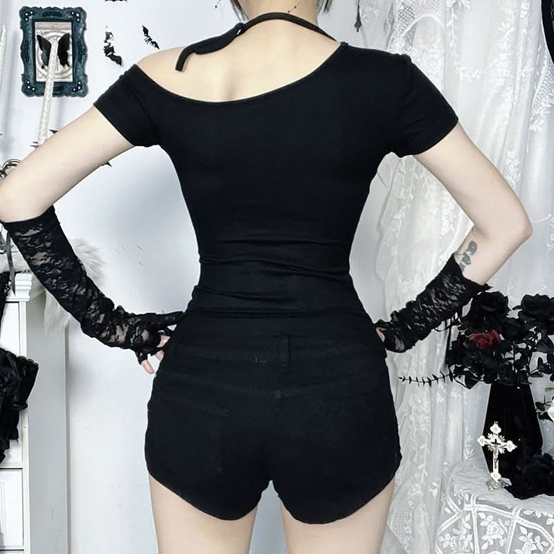 Spooky Chic Bat Graphic Asymmetrical Black Top - Halloween & Fall Goth Style