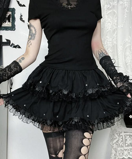 Gothic Ruffled Lace Tiered Mini Skirt - Spooky Chic for Halloween & Fall Alt Fashion