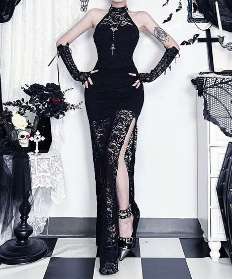 Showstopping Black Lace Halter Maxi Dress | High Slit Evening Gown for Fall & Holiday Parties
