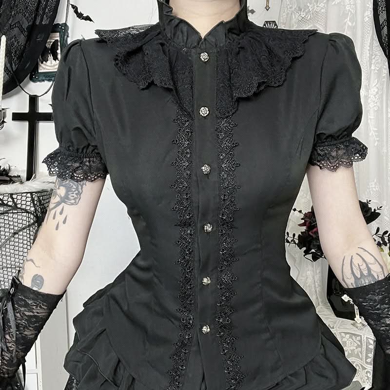 Bewitching Black Gothic Lace Ruffle Blouse | Victorian Cameo Top for Halloween & Fall