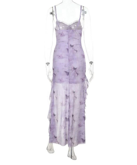 Whimsical Lavender Butterfly Maxi Dress - Ruffle Slit & Lace Trim