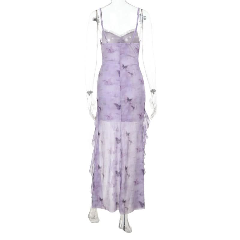 Whimsical Lavender Butterfly Maxi Dress - Ruffle Slit & Lace Trim