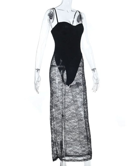 Dare to Dazzle: Black Lace Sheer Maxi Dress - Cami Style for Fall & Holiday Glamour