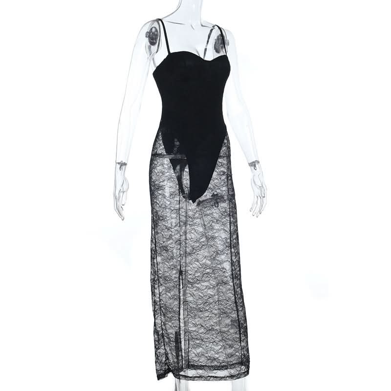 Dare to Dazzle: Black Lace Sheer Maxi Dress - Cami Style for Fall & Holiday Glamour
