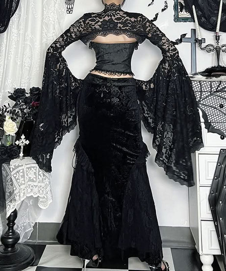 Gothic Romance Black Lace Flared Sleeve Shrug | Victorian Witchy Bolero for Fall & Halloween