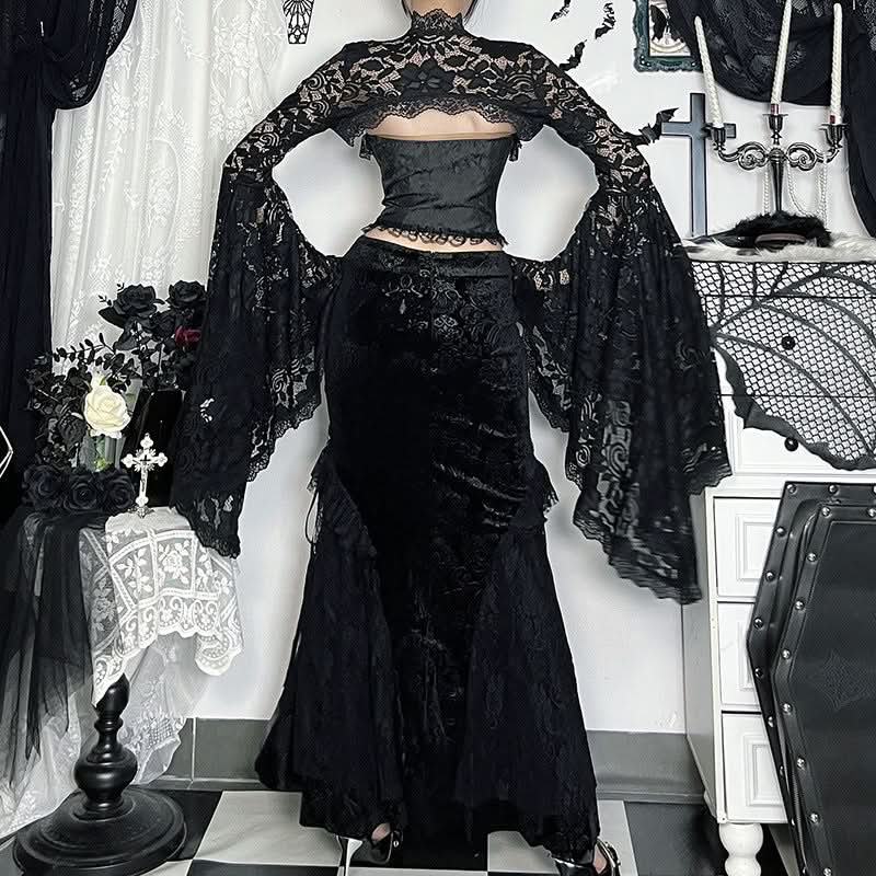Gothic Romance Black Lace Flared Sleeve Shrug | Victorian Witchy Bolero for Fall & Halloween