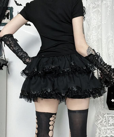 Gothic Ruffled Lace Tiered Mini Skirt - Spooky Chic for Halloween & Fall Alt Fashion