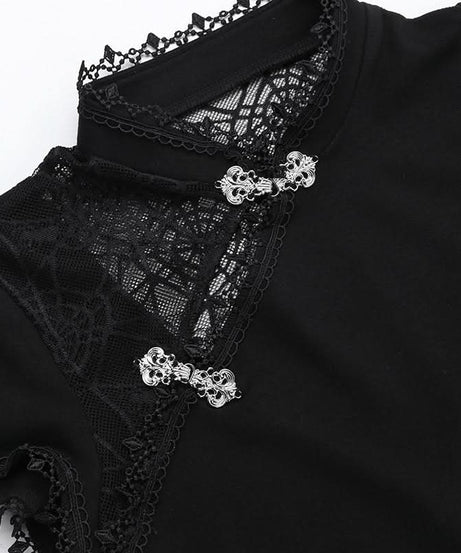 Vampire Chic High-Slit Midi Dress - Gothic Lace Cutout for Spooky Season Style