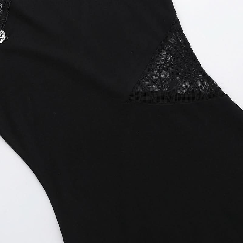 Vampire Chic High-Slit Midi Dress - Gothic Lace Cutout for Spooky Season Style