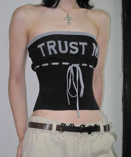 Statement "TRUST ME" Ribbed Tube Top - Y2K Knit Strapless Crop for Fall Fashion