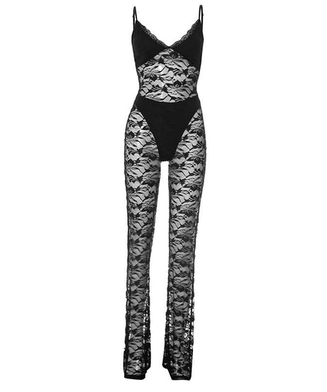 Sultry Black Lace Sheer Jumpsuit - Daring V-Neck Cami for Fall Nights & Halloween
