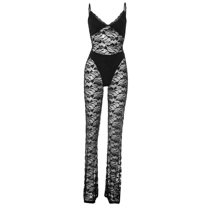 Sultry Black Lace Sheer Jumpsuit - Daring V-Neck Cami for Fall Nights & Halloween