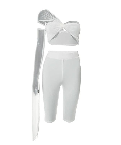 Iconic White One-Shoulder Mesh Crop Top & Biker Shorts Set – Trendy Fall Party & Vacation Statement 2-Piece Outfit