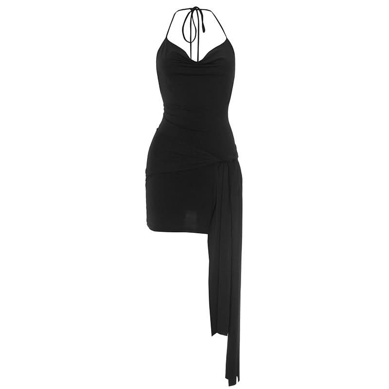 Chic Black Halter Cowl Neck Mini Dress with Asymmetrical Drape | Fall & Holiday Party Ready