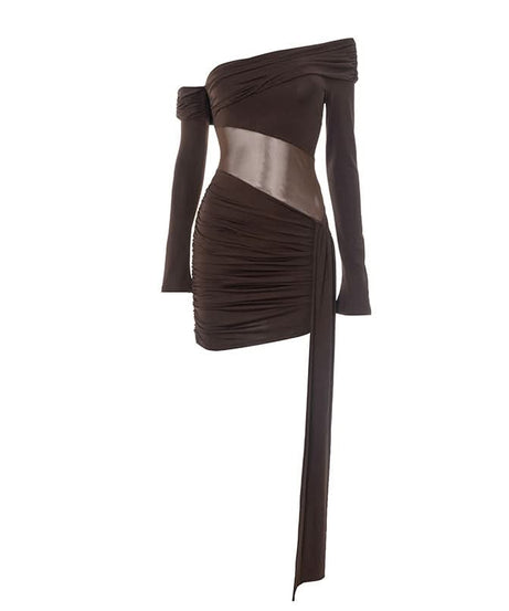 Sultry Chocolate Mesh Cutout Mini Dress - Off-Shoulder Ruched Party Dress for Fall Nights