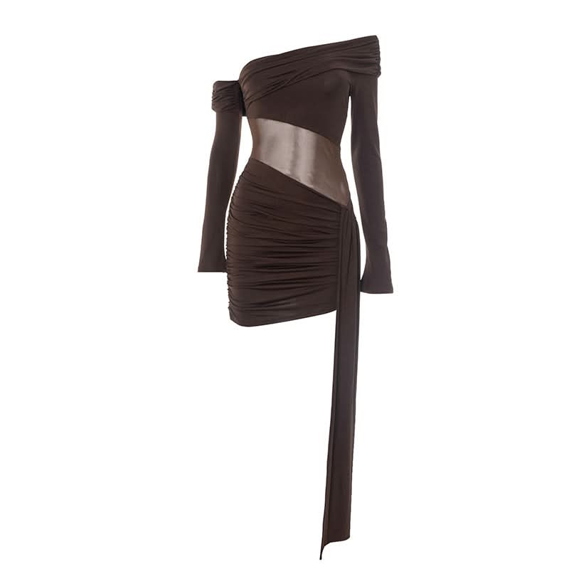 Sultry Chocolate Mesh Cutout Mini Dress - Off-Shoulder Ruched Party Dress for Fall Nights
