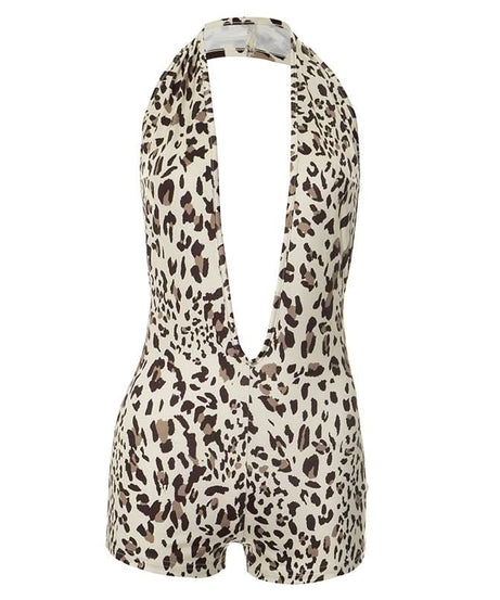 Unleash Your Wild Side: Fierce Leopard Deep V Halter Romper - Fall Party & Halloween Ready
